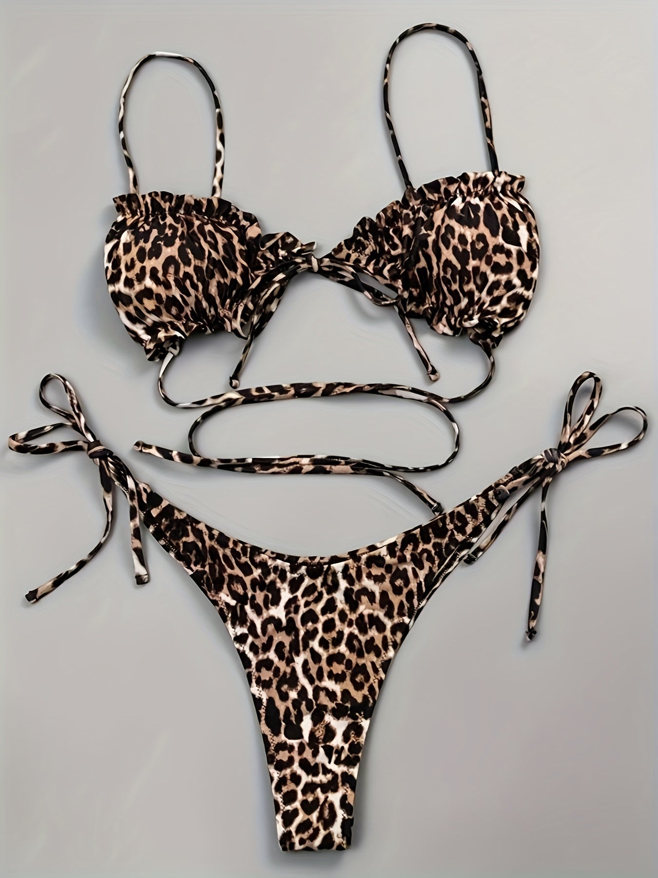 2025 New Two-Piece Bikini with Leopard Print and Ruffled Hem, Sexy Tummy Cover-Up Swimsuit